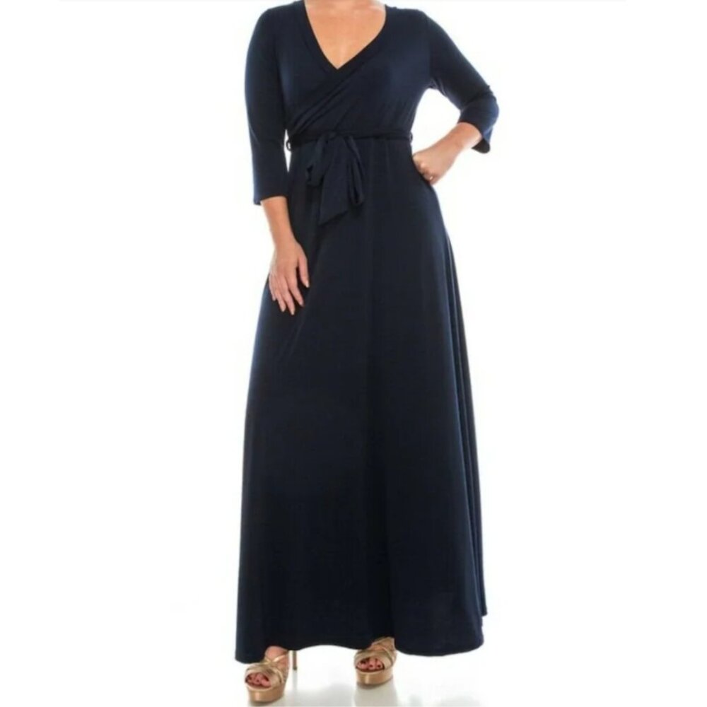 Janette Fashion Navy Solid Faux Wrap Maxi Plussize Dress